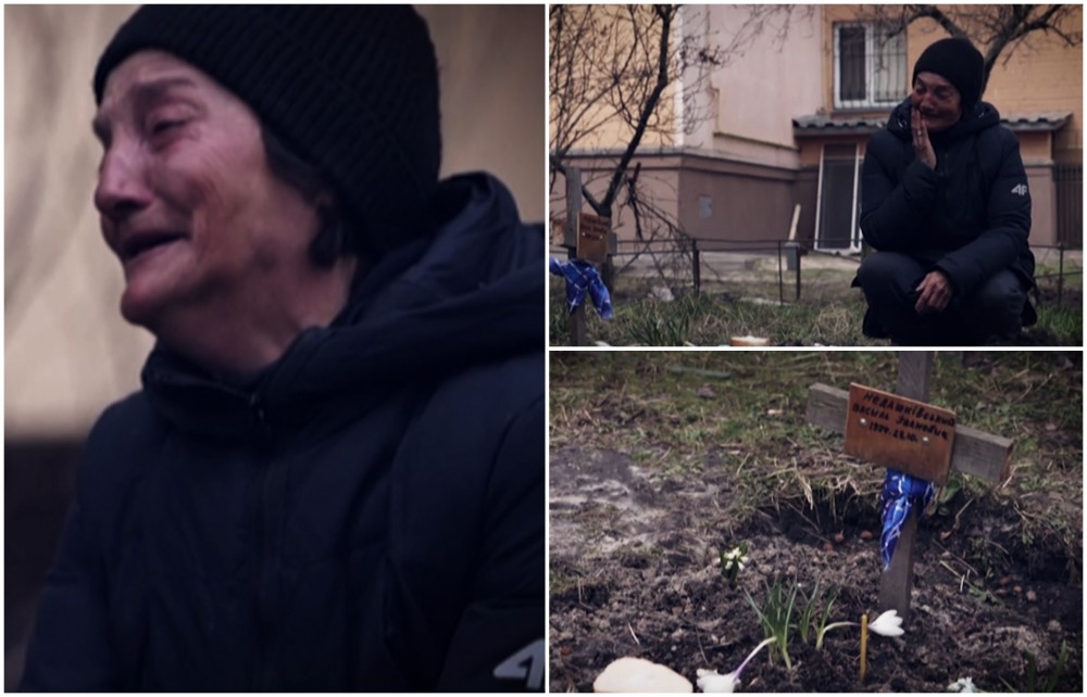 Imaginea suferinţei din Bucha. Tania şi-a îngropat soţul în curtea blocului şi de atunci stă cu orele lângă mormânt